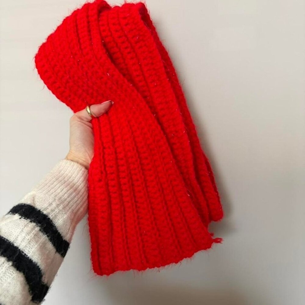 Hand knit red scarf